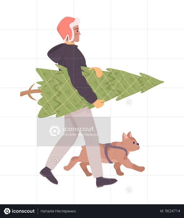 Man with real Christmas tree and french bulldog  Illustration