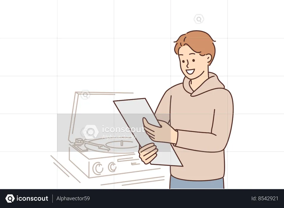 Man with record stands near gramophone  Illustration