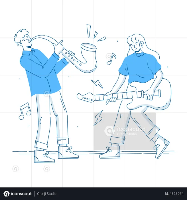 Man with saxophone and woman with guitar  Illustration