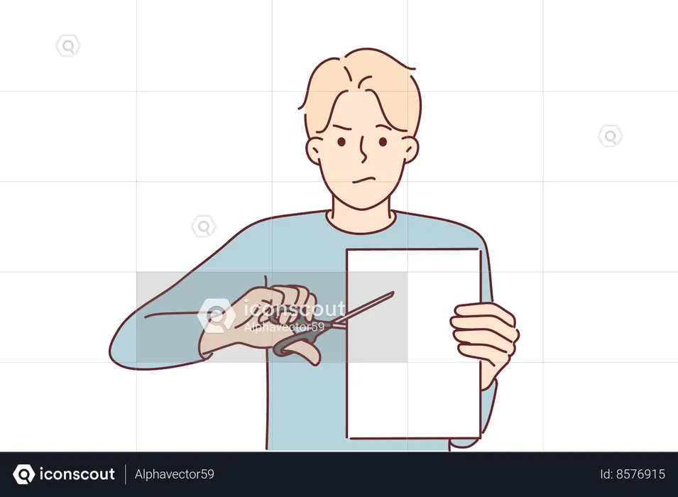 Man with scissors cuts sheet paper  Illustration