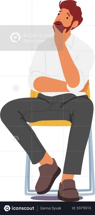 Man With Serious Expression Sitting On Wooden Chair  Illustration