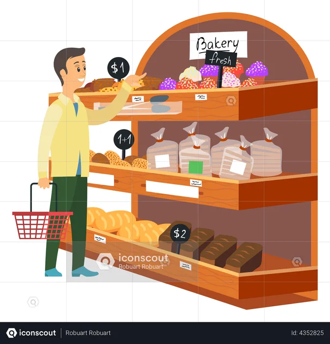 Man with shopping basket chooses pastries at grocery store  Illustration