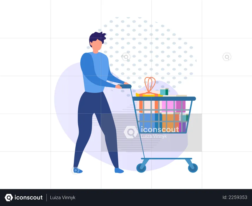 Man with shopping trolley and shopping products  Illustration