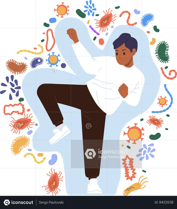 Man with strong healthy immune system fighting against bacterial infection  Illustration