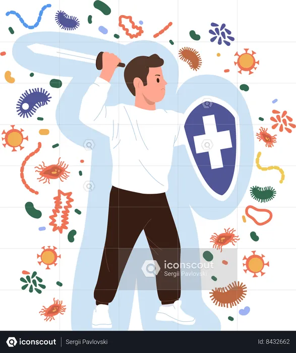 Man with strong immunity using sword shield fighting against infectious pathogen  Illustration