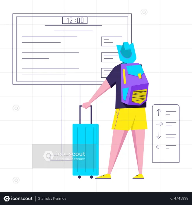 Man with suitcase waiting for flight  Illustration