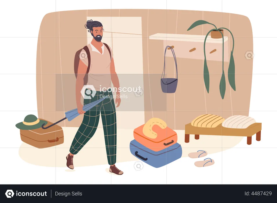 Man with suitcases stand in hallway and going on vacation  Illustration