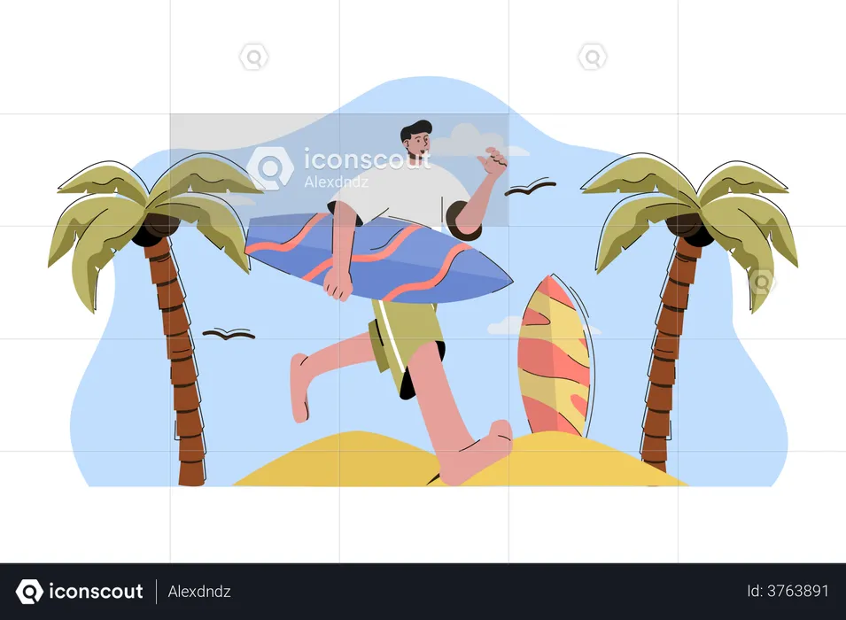 Man with surfboard running towards ocean  Illustration