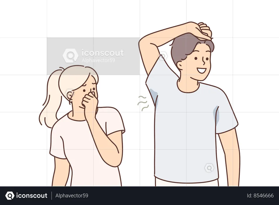 Man with sweaty armpit emitting unpleasant odor near woman who is disgusted and pinches nose  Illustration