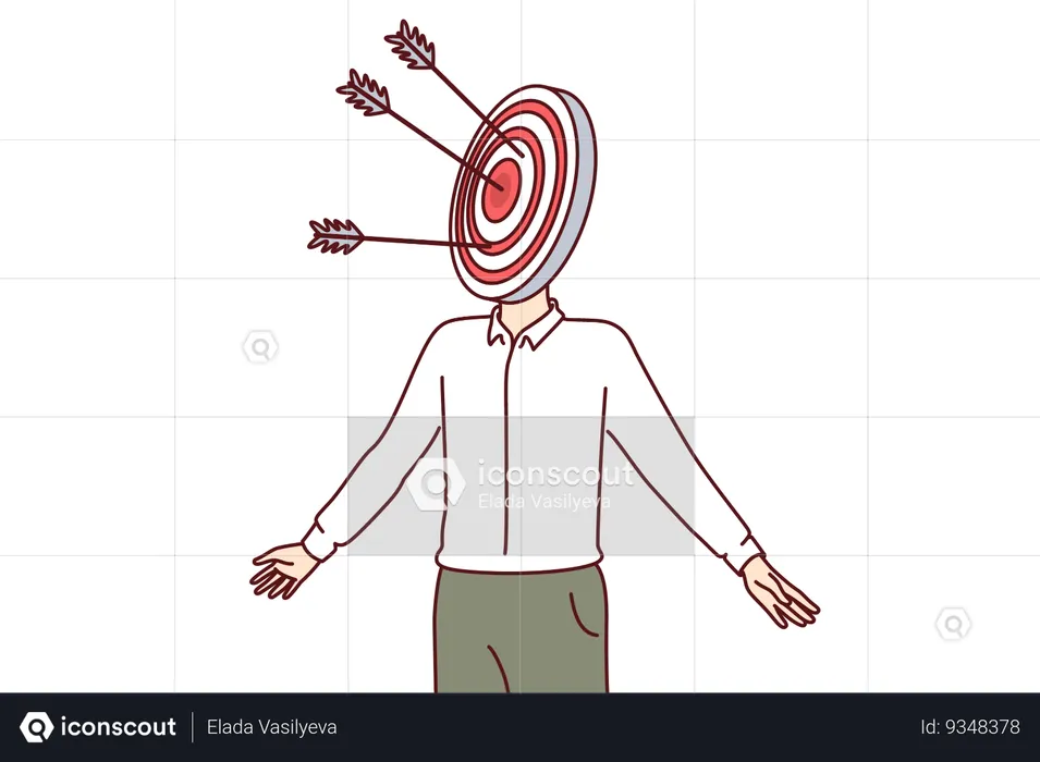 Man with target on head symbolizes targeted marketing and having portrait of potential client  Illustration