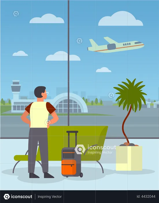 Man with the baggage in the airport waiting room  Illustration