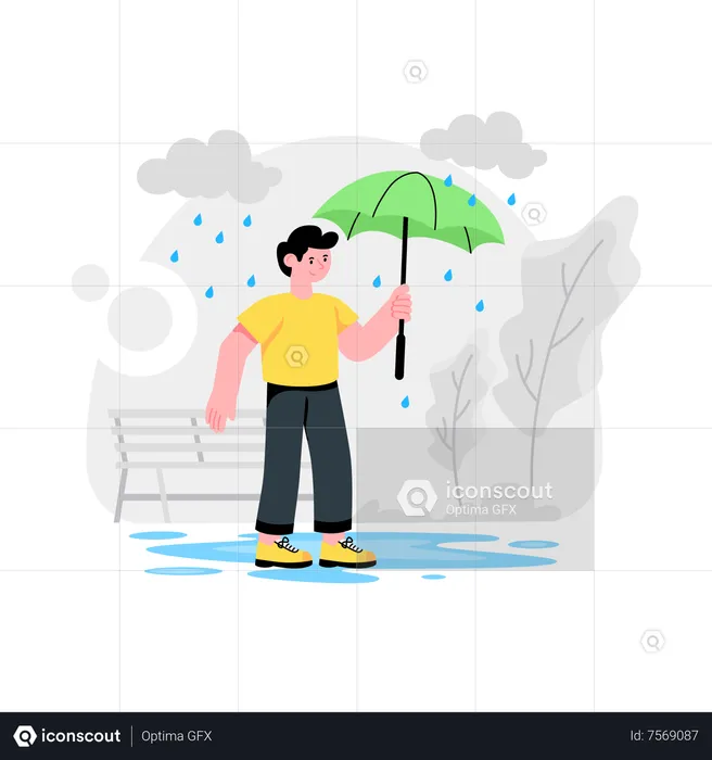 Man With Umbrella in Rainy Day  Illustration