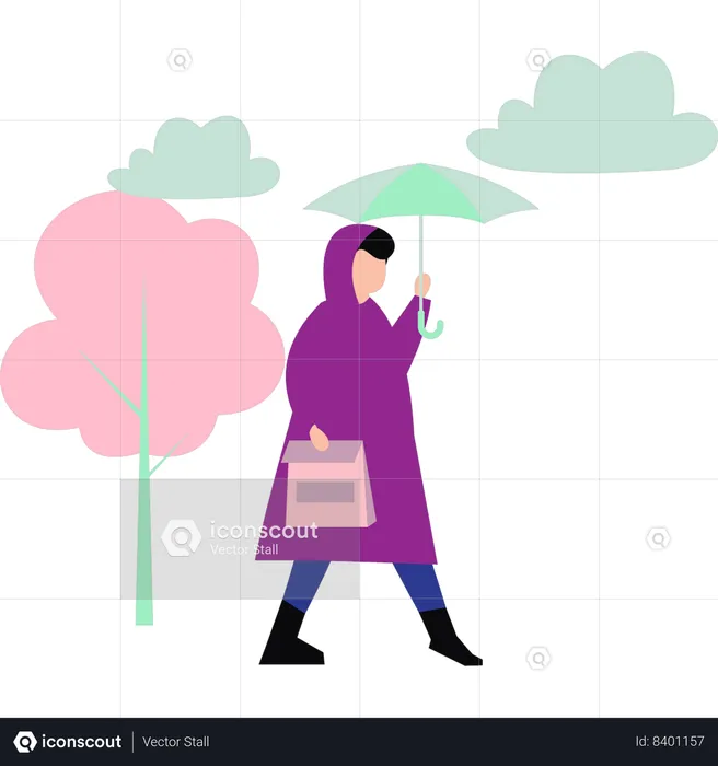 Man with umbrella in rainy season  Illustration