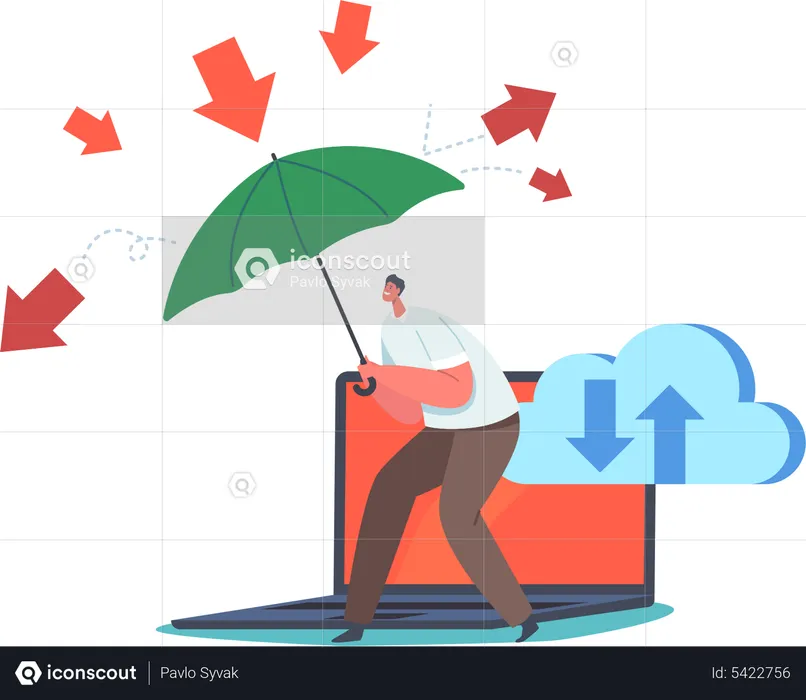 Man with umbrella protect computer from virus attack  Illustration
