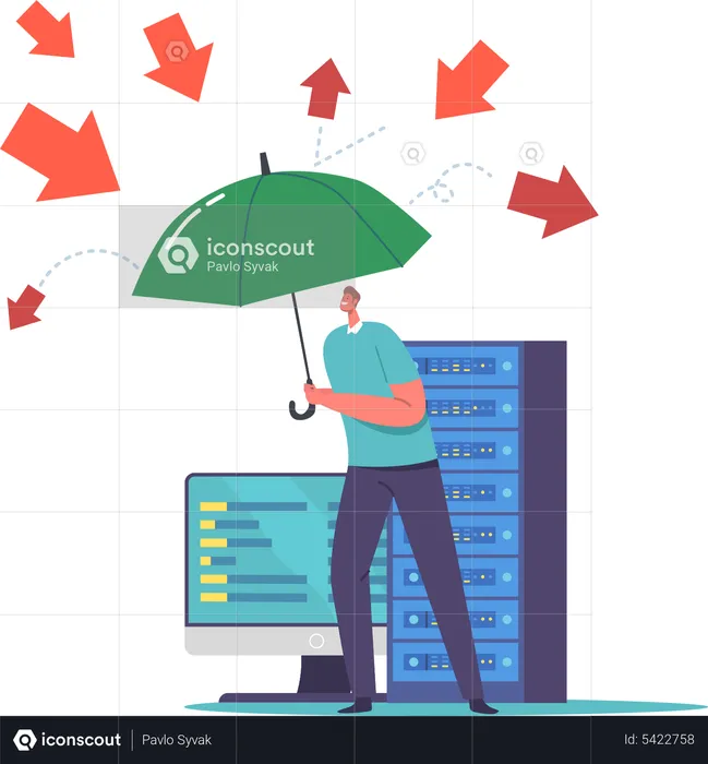 Man with Umbrella Protect Computer from Virus Attack  Illustration