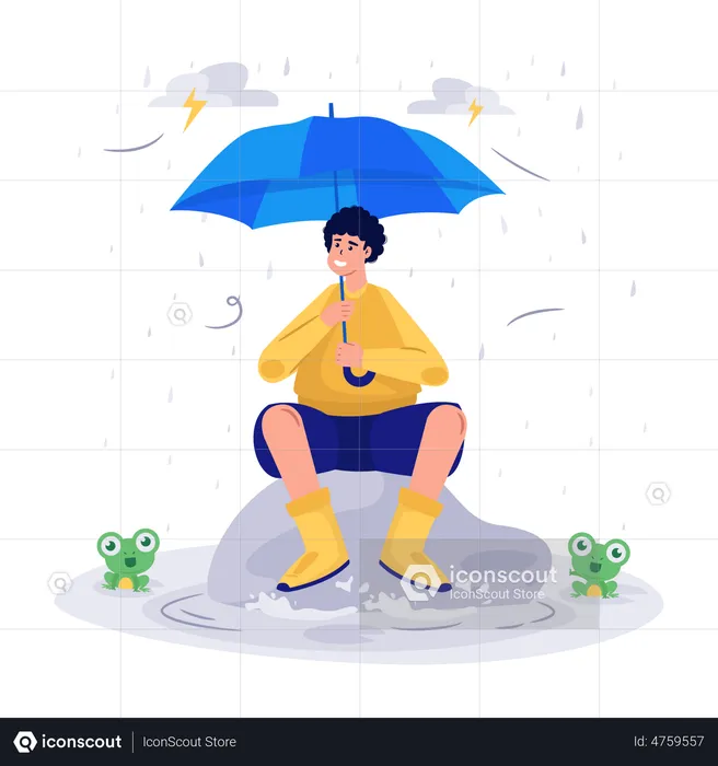 Man with Umbrella Rainy Day  Illustration