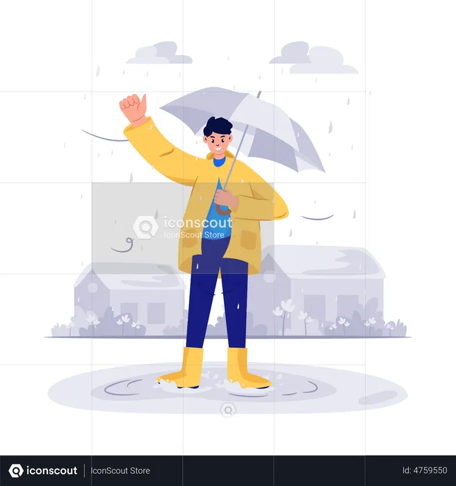 Man with Umbrella welcoming rain in monsoon  Illustration
