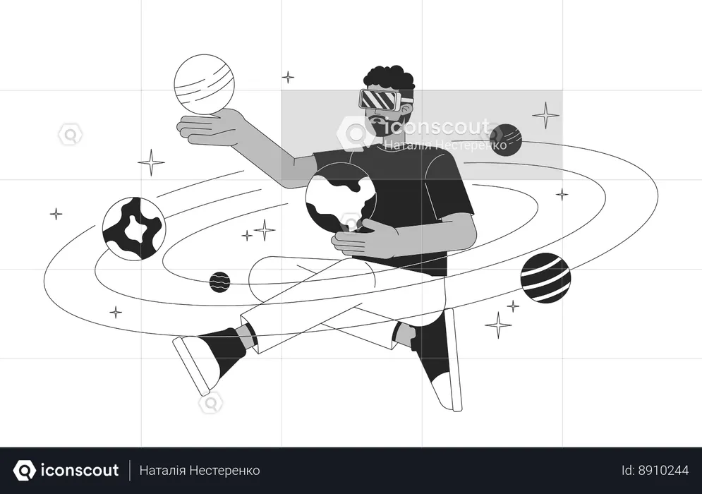 Man with virtual reality goggles learning solar system  Illustration
