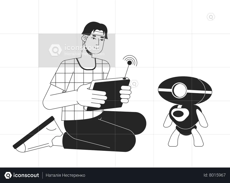 Man with wireless console testing robot  Illustration