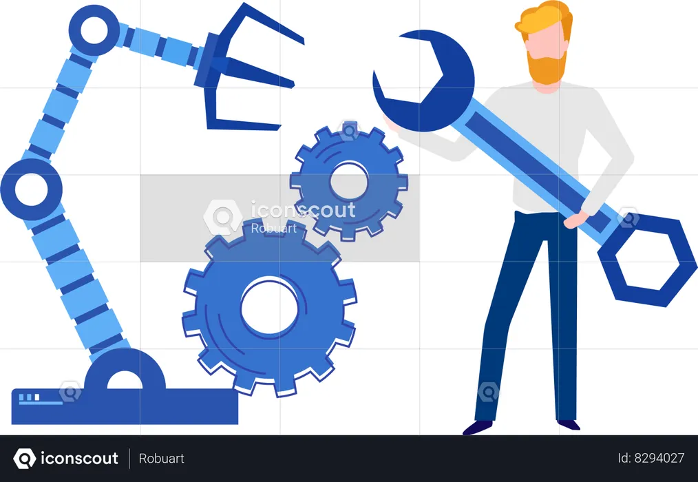 Man with wrench conducting experiments with mechanical arm  Illustration