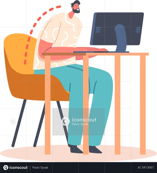 Man with Wrong Sitting Position at Working Desk  Illustration