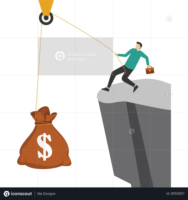 Man work hard to pull wealth up cliff  Illustration