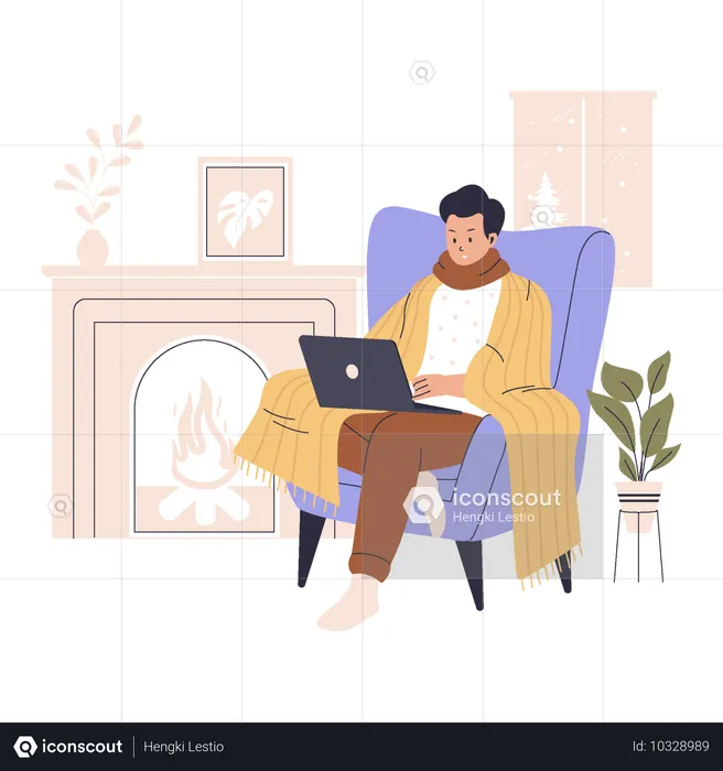 Man work in winter at home warming with blanket  Illustration
