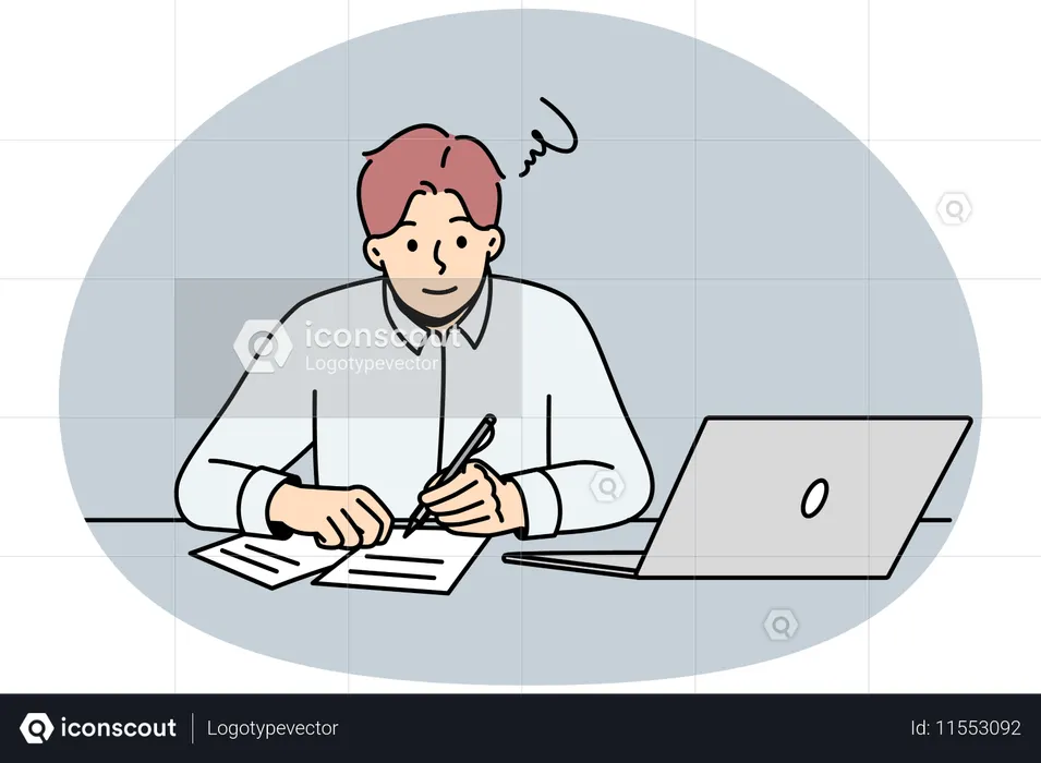 남자가 노트북으로 작업하고 종이에 메모를 합니다.  일러스트레이션