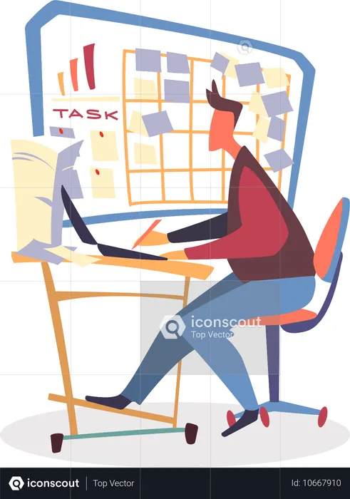 Man Work on Laptop near Task Board with Stickers  Illustration