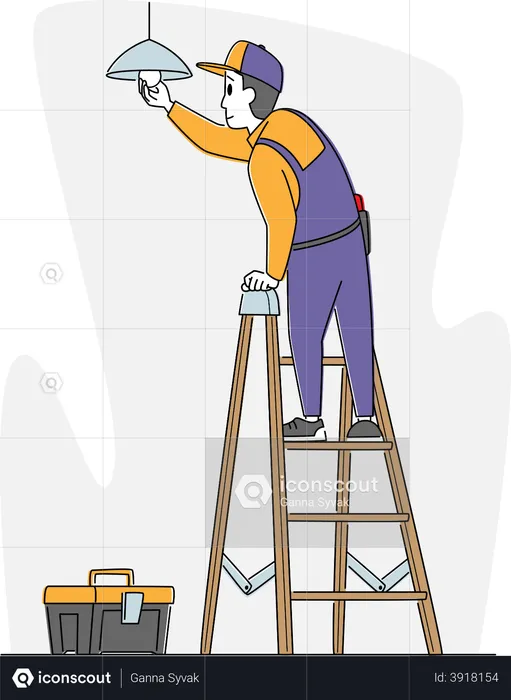 Man Worker Electrician Standing on Ladder in Living Room Hanging Lamp on Ceiling, Changing Burnt Light Bulbs  Illustration