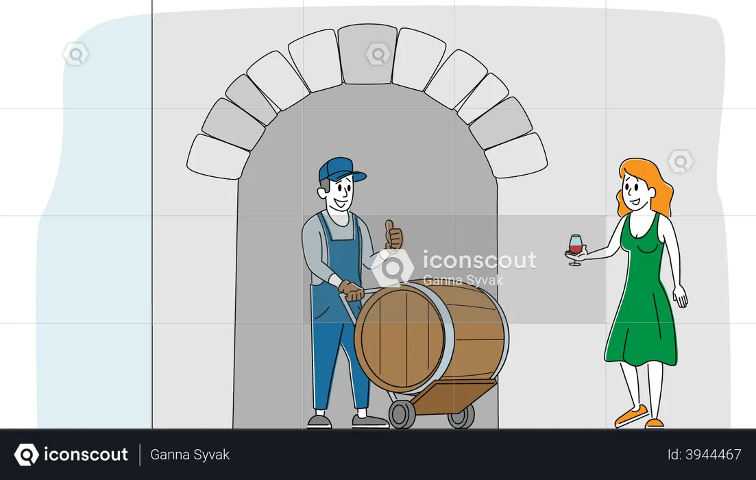 Man Worker Stand at wine Barrel and Woman Tasting Wine  Illustration