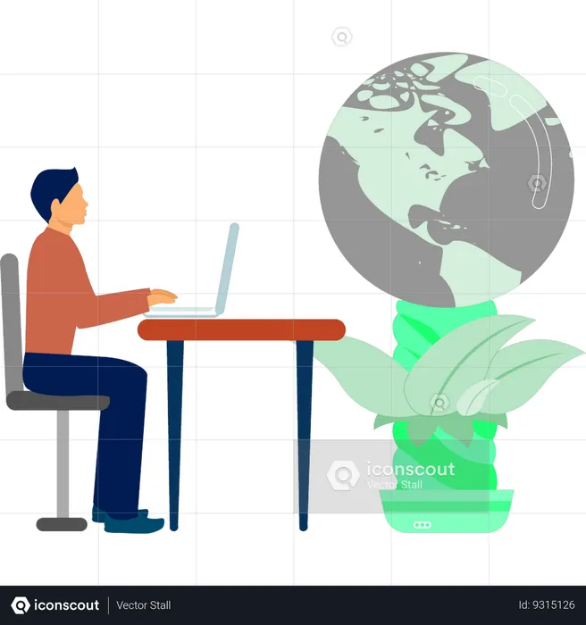 Man working about ecology on laptop  Illustration