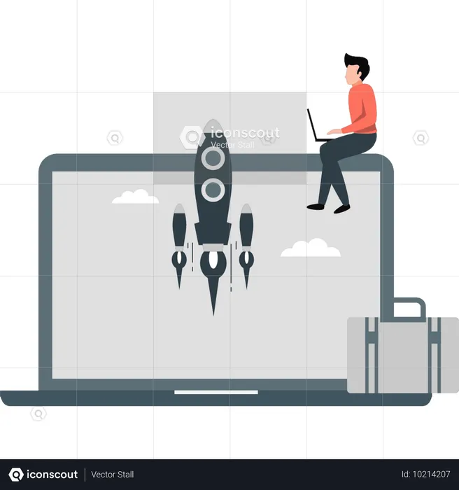 Man working about startup rocket on laptop  Illustration