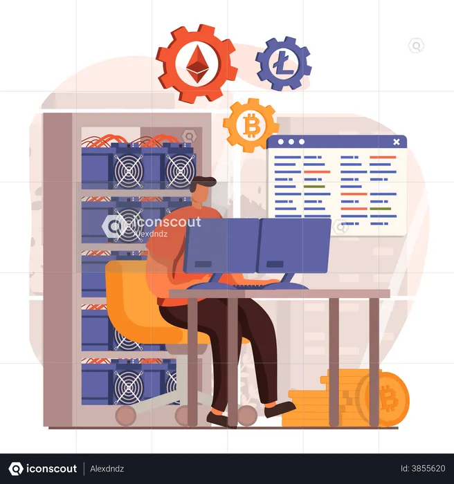 Man working at crypto farm  Illustration