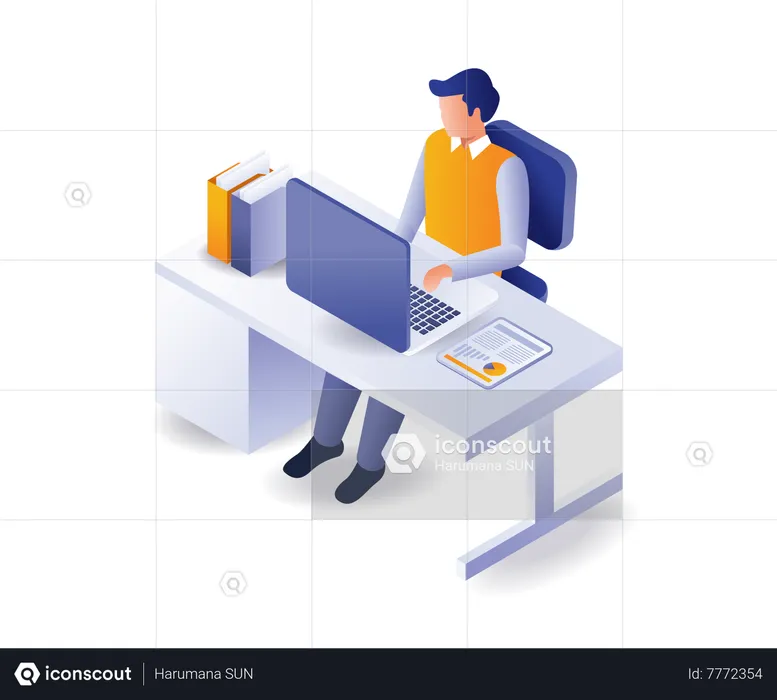 Man working at desk with computer  Illustration