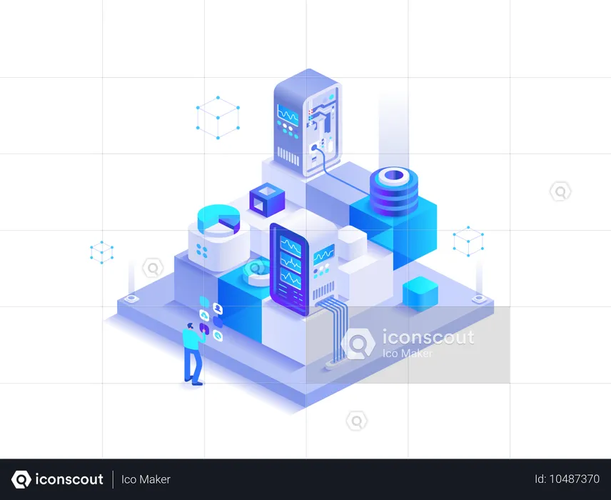 Man working at digital money mining farm with server racks  Illustration