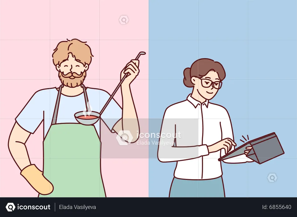 Man working at home while wife working at office  Illustration