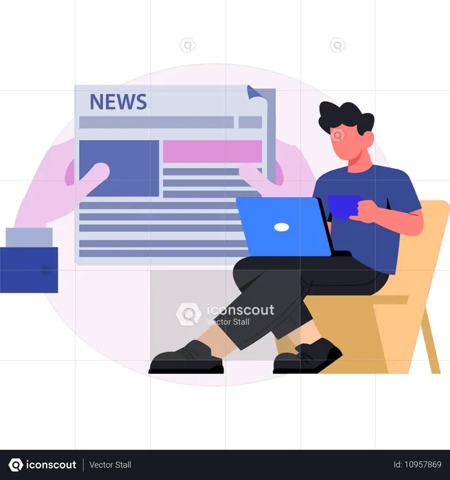 Man working at newspaper on laptop  Illustration