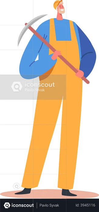 Man working at quarry holding pickaxe  Illustration