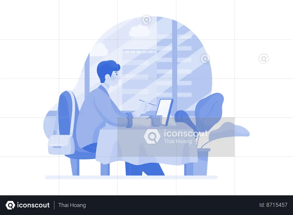 Man Working From A Cafe  Illustration