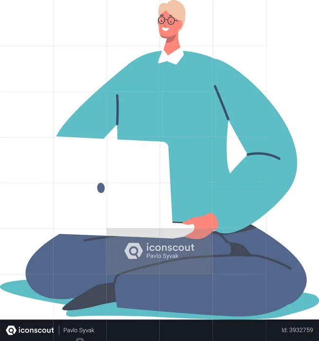 Man working from home while sitting on floor  Illustration