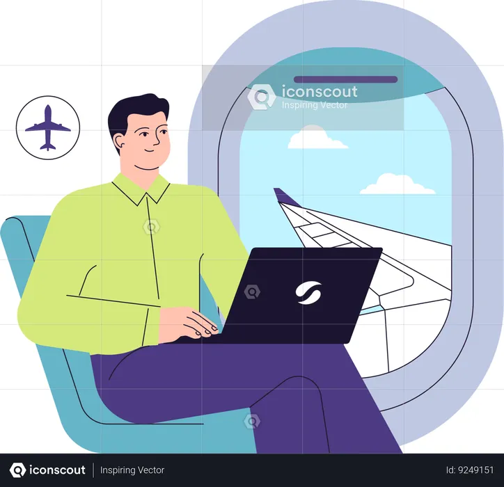 Man working in flight while getting window seat  Illustration