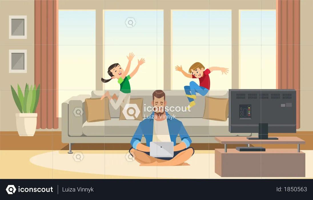 Man Working in laptop from home  Illustration