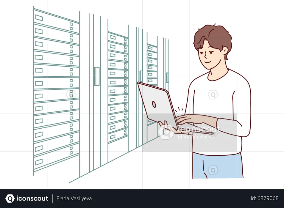 Man working in server room  Illustration