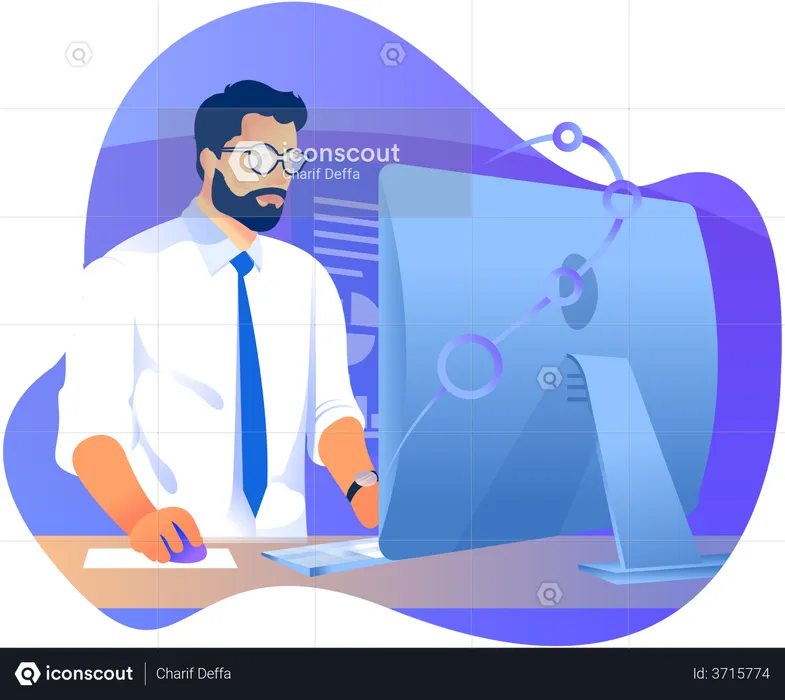 Man working in the computer in the office  Illustration
