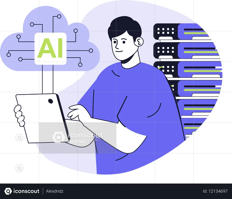 AIベースのデータセンターで働く男性  イラスト