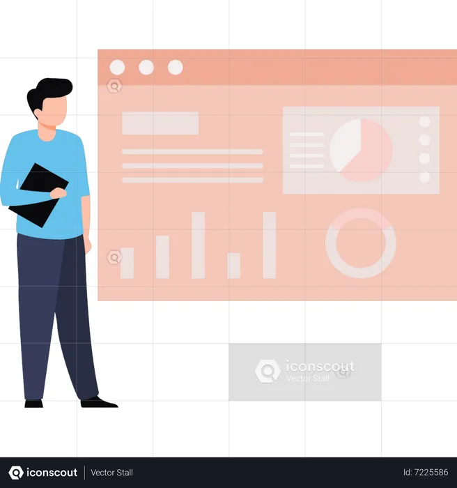 Man working on analysis chart on website  Illustration