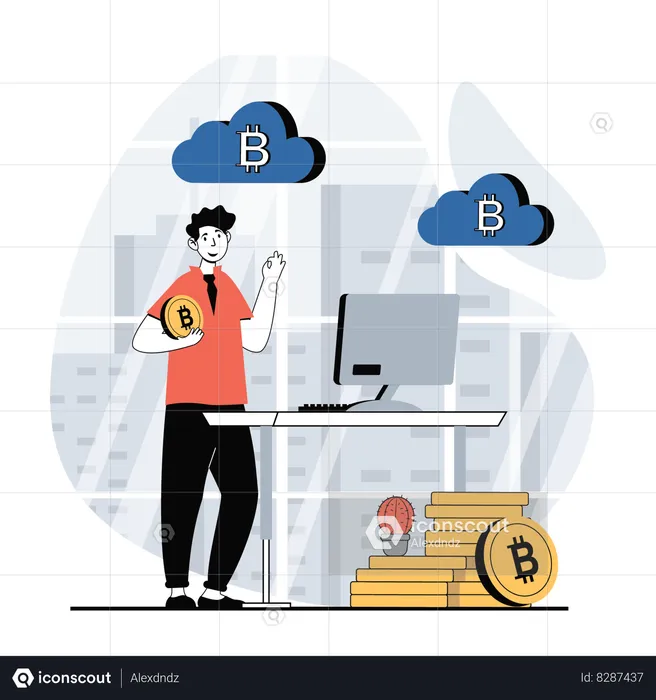 Man working on bitcoin cloud  Illustration