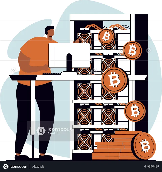 Man working on bitcoin server  Illustration