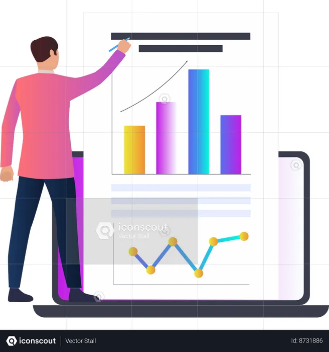 Man working on business analytics laptop  Illustration